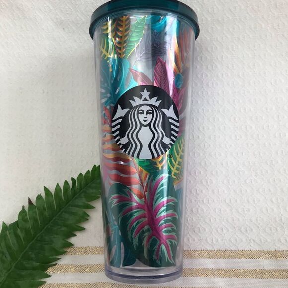 Starbucks RARE Metallic Tropical Leaves Aloha Cold Cup Tumbler - Picture 3 of 7
